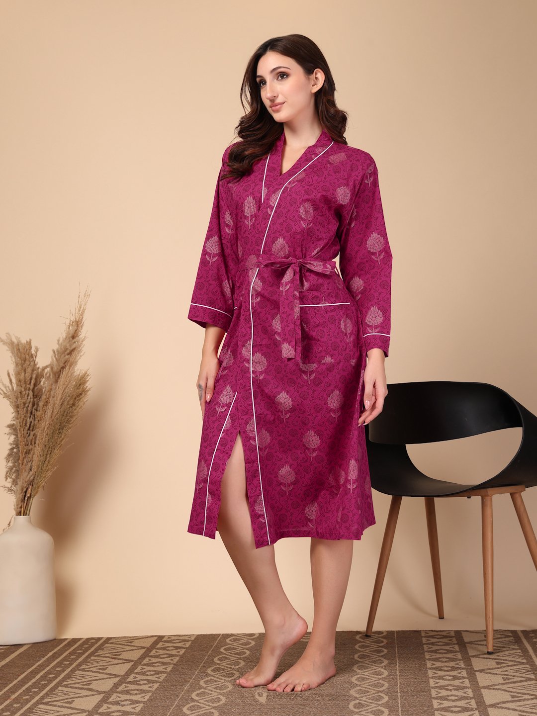 Women Printed Pink Floral Pure Cotton Bath Robe With Belt