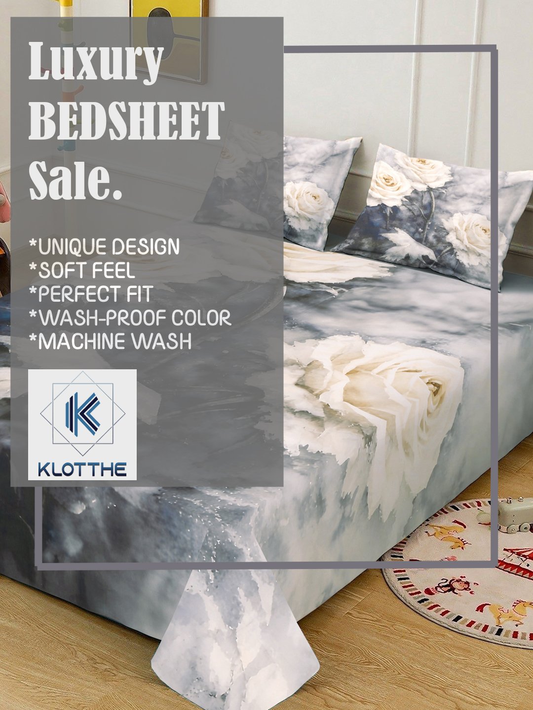 Grey Digital Floral Printed Cotton Blend Fitted Double Bedsheet with 2 Pillow Covers