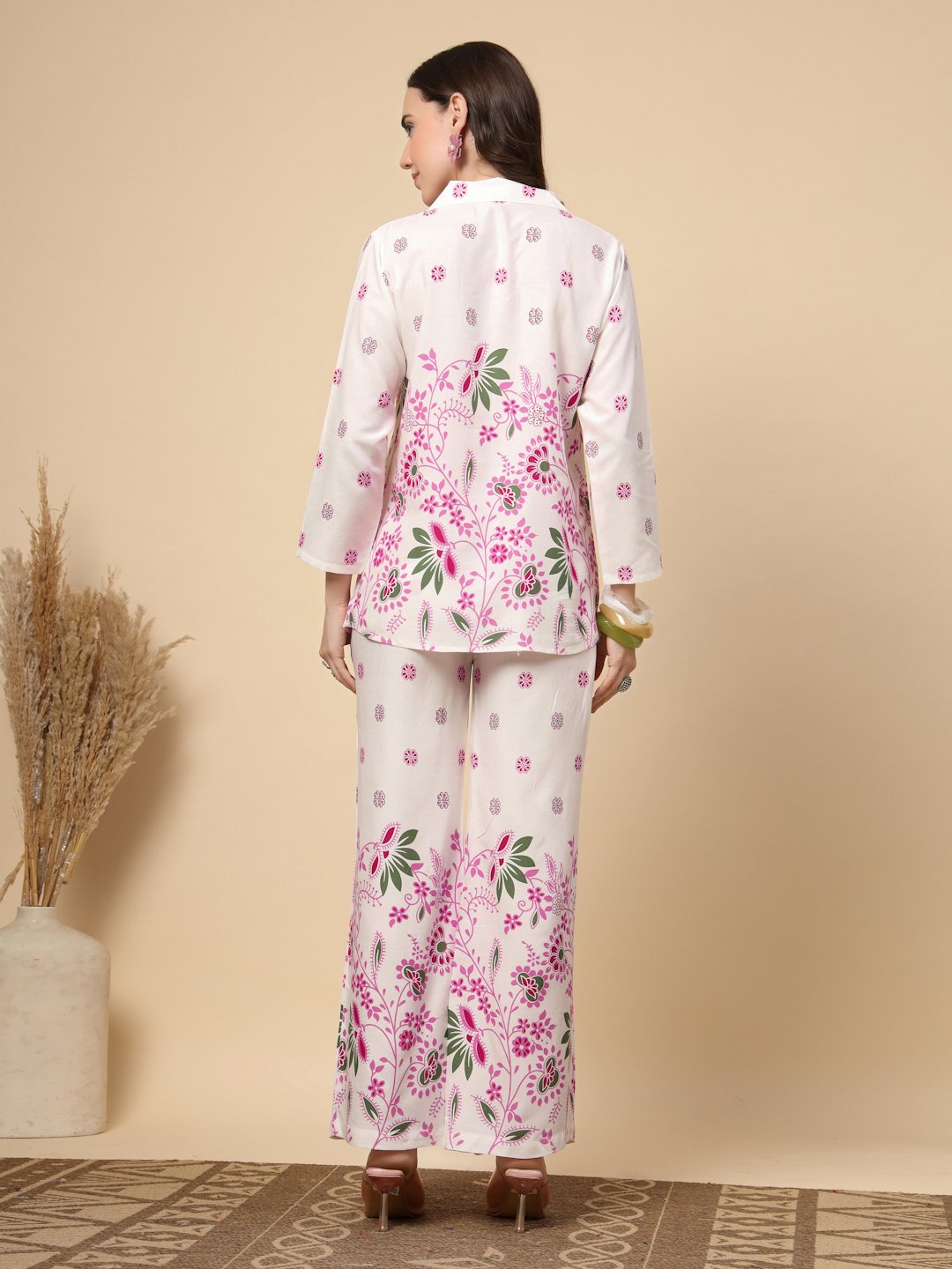 Cream Cotton Printed Shirt With Trousers Co-Ords Set