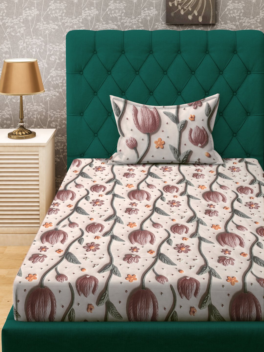 Cream Floral 7D Cotton Blend Single Bedsheet with Pillow Cover
