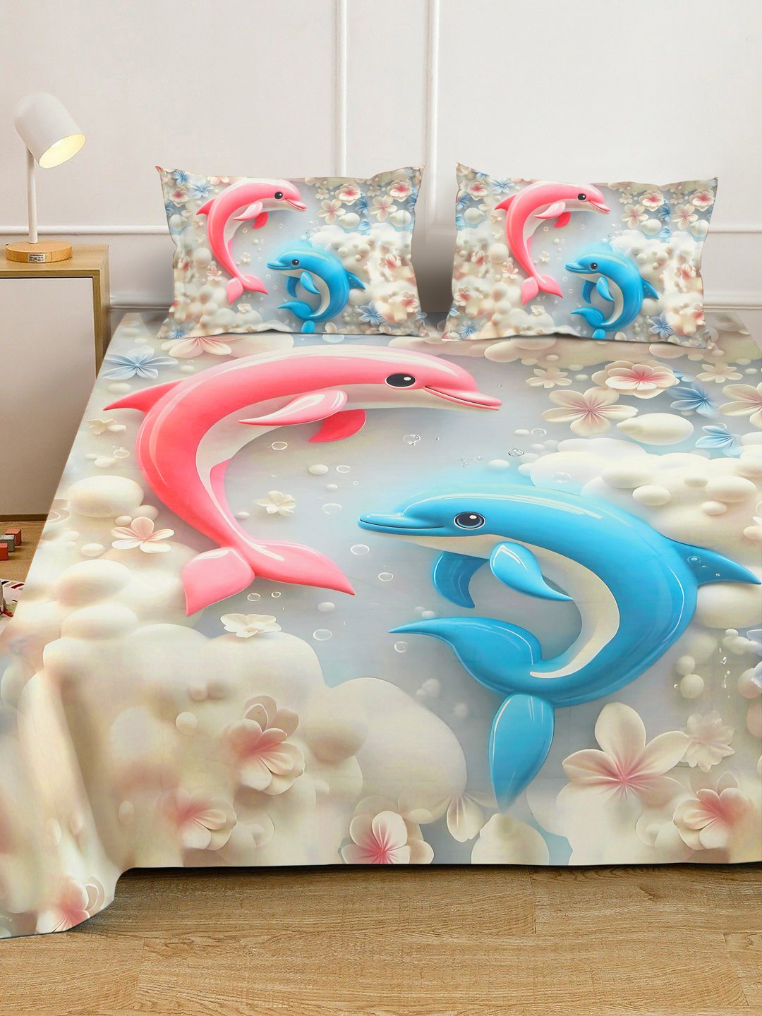 Grey 7D Animal Printed Cotton Blend Double Bedsheet with 2 Pillow Covers
