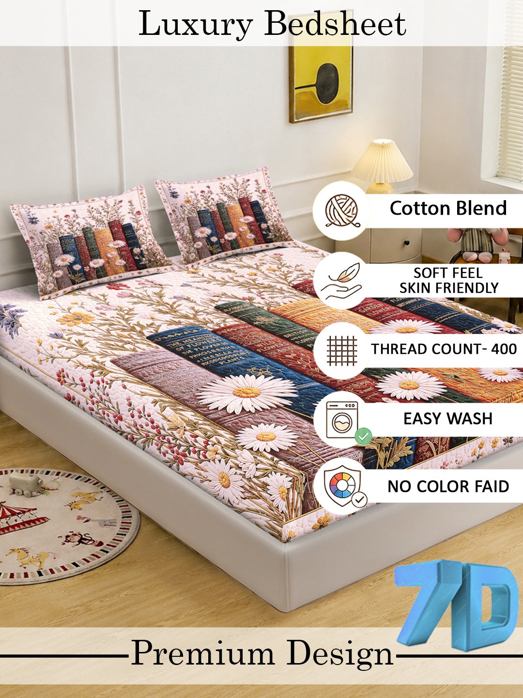 Digital Printed Multi Floral Cotton Blend Double Bedsheet with 2 Pillow Covers
