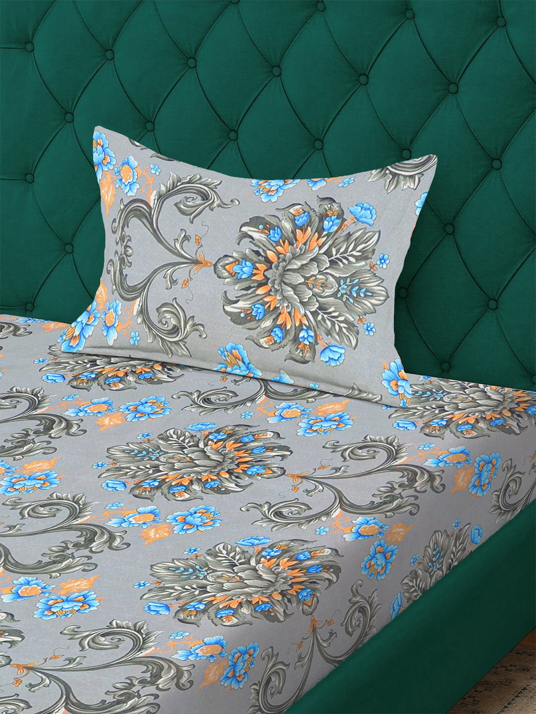 Grey Floral 300 TC Cotton Blend Single Bedsheet with Pillow Cover
