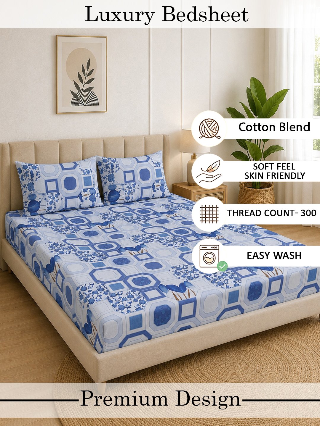 Blue Geometric Cotton Blend Fitted Double Bedsheet with 2 Pillow Covers