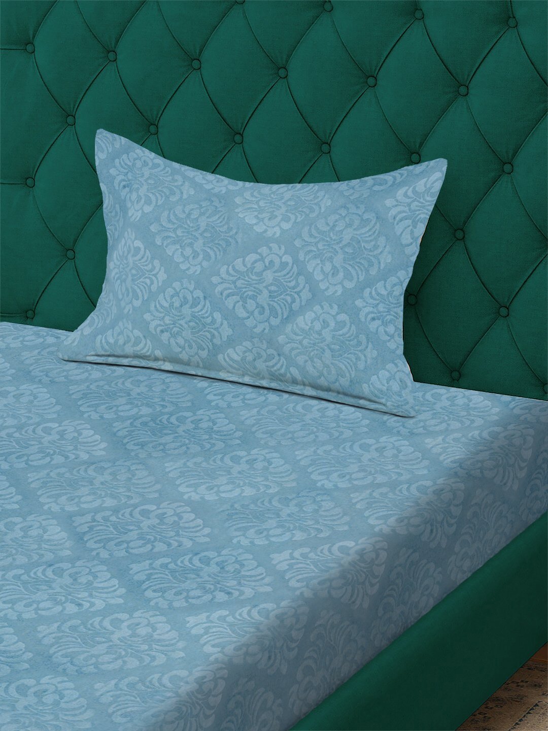 Turquoise Floral Embossed Cotton Blend Single Bedsheet with Pillow Cover