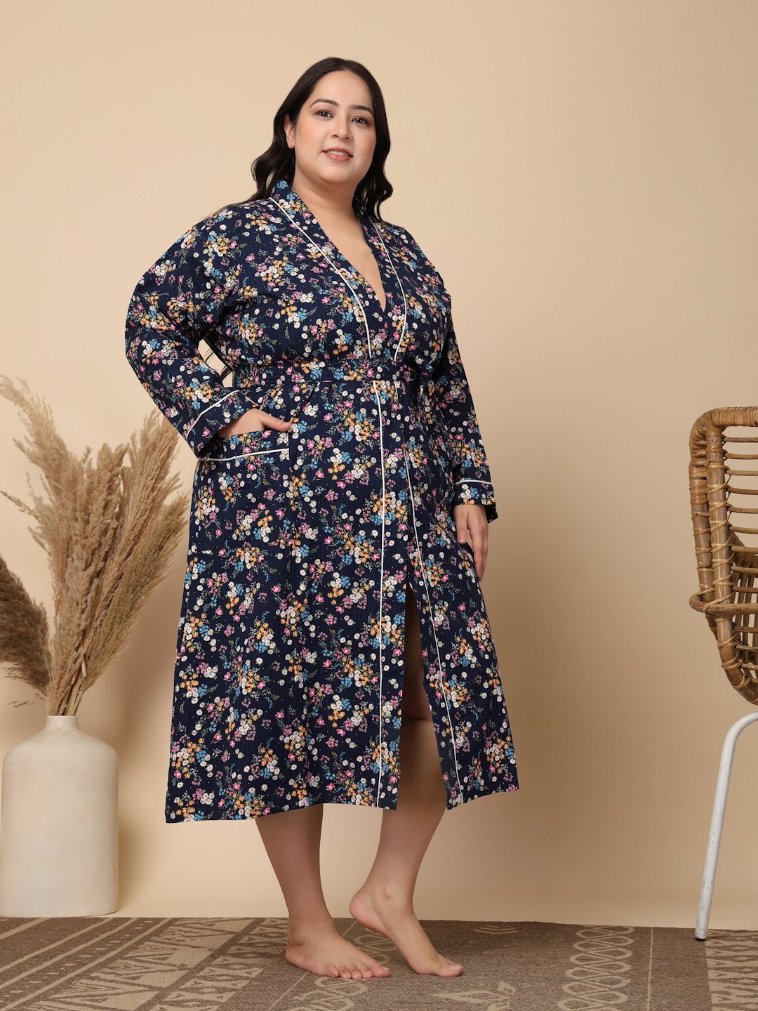 Women Printed Blue Floral Plus Size Pure Cotton Bath Robe With Belt