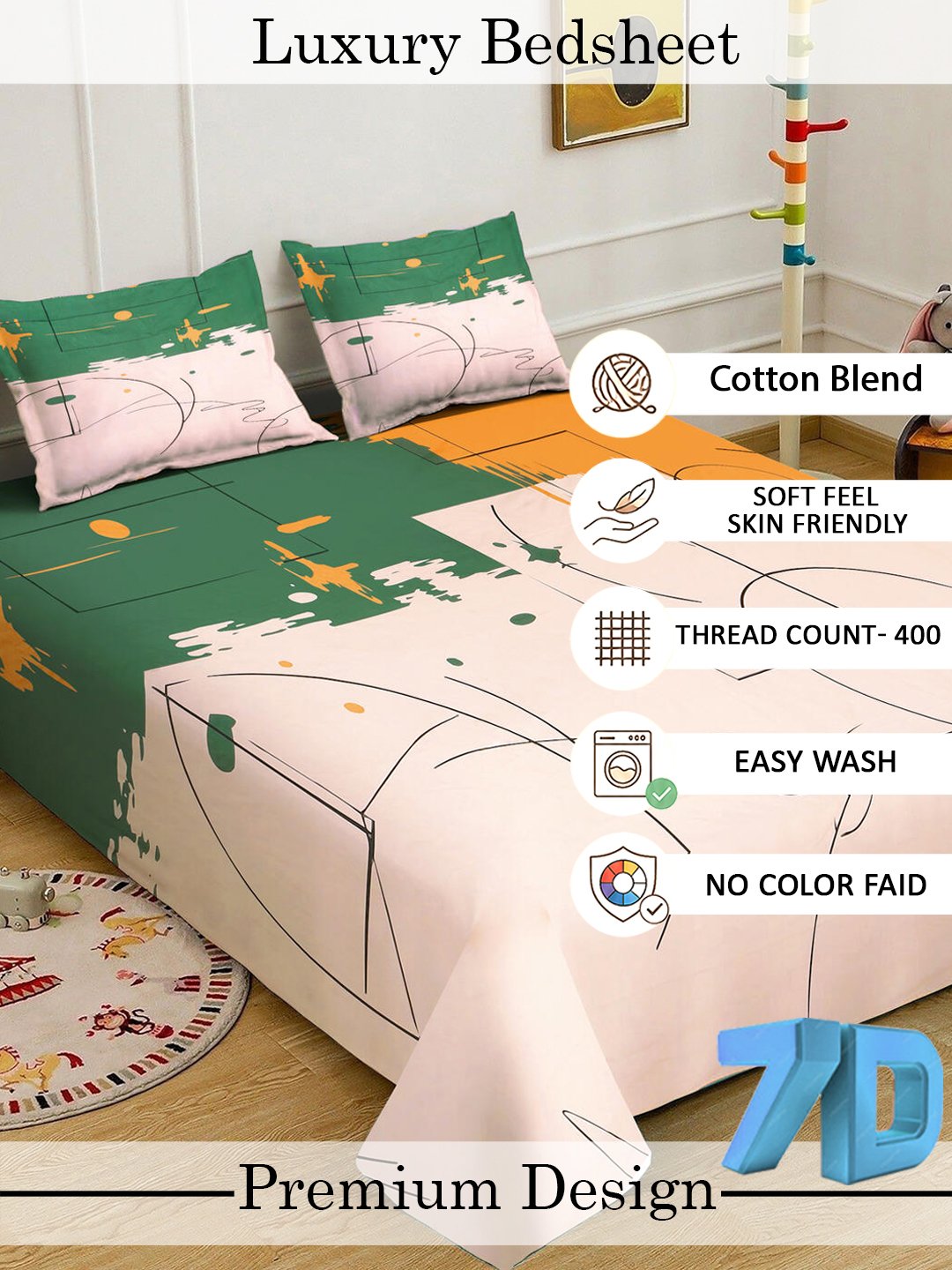 Cream Digital Geometric Printed Fitted Cotton Blend Double Bedsheet with 2 Pillow Covers