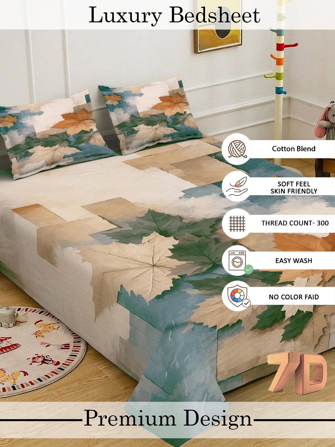 Beige Digital Geometric Printed Cotton Blend Double Bedsheet with 2 Pillow Covers
