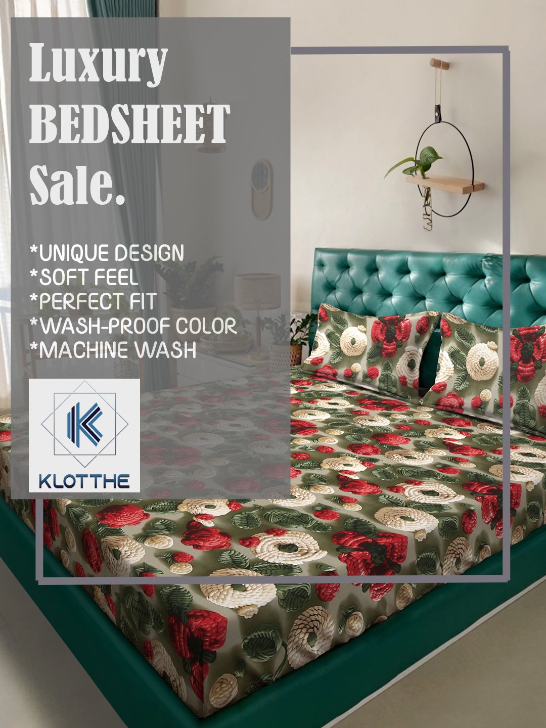 Green Floral 7D King Size Cotton Blend Fitted Double Bedsheet with 2 Pillow Covers