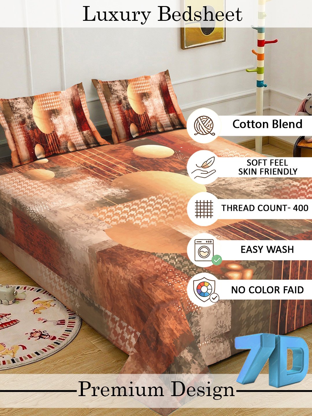 Brown Digital Geometric Printed Fitted Cotton Blend Double Bedsheet with 2 Pillow Covers