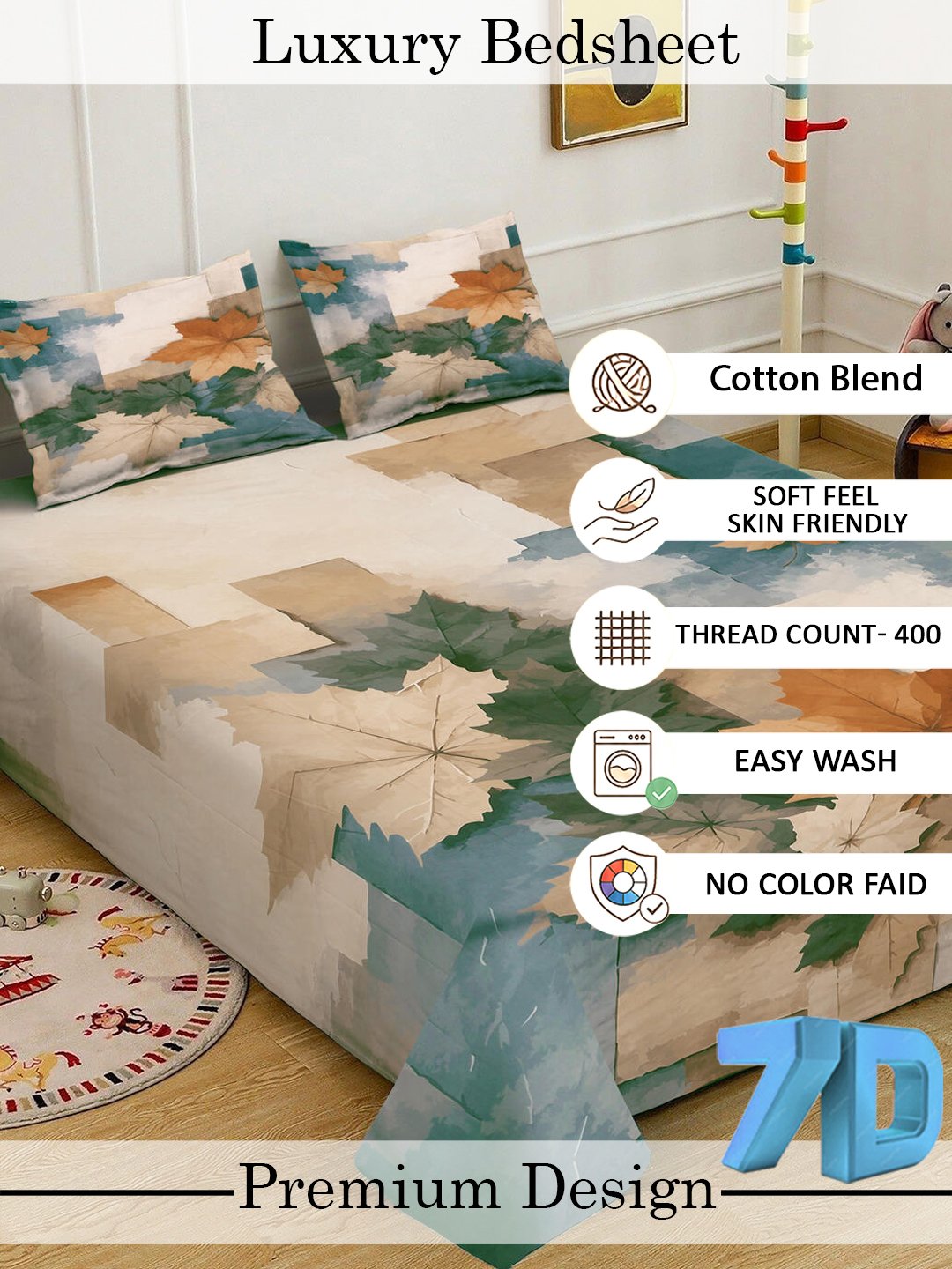 Beige Digital Geometric Printed Fitted Cotton Blend Double Bedsheet with 2 Pillow Covers