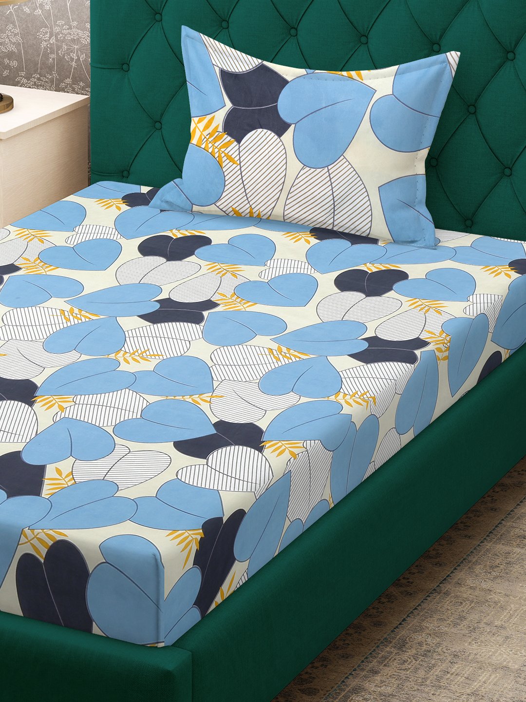 Blue Floral 300 TC Cotton Blend Fitted Single Bedsheet with Pillow Cover