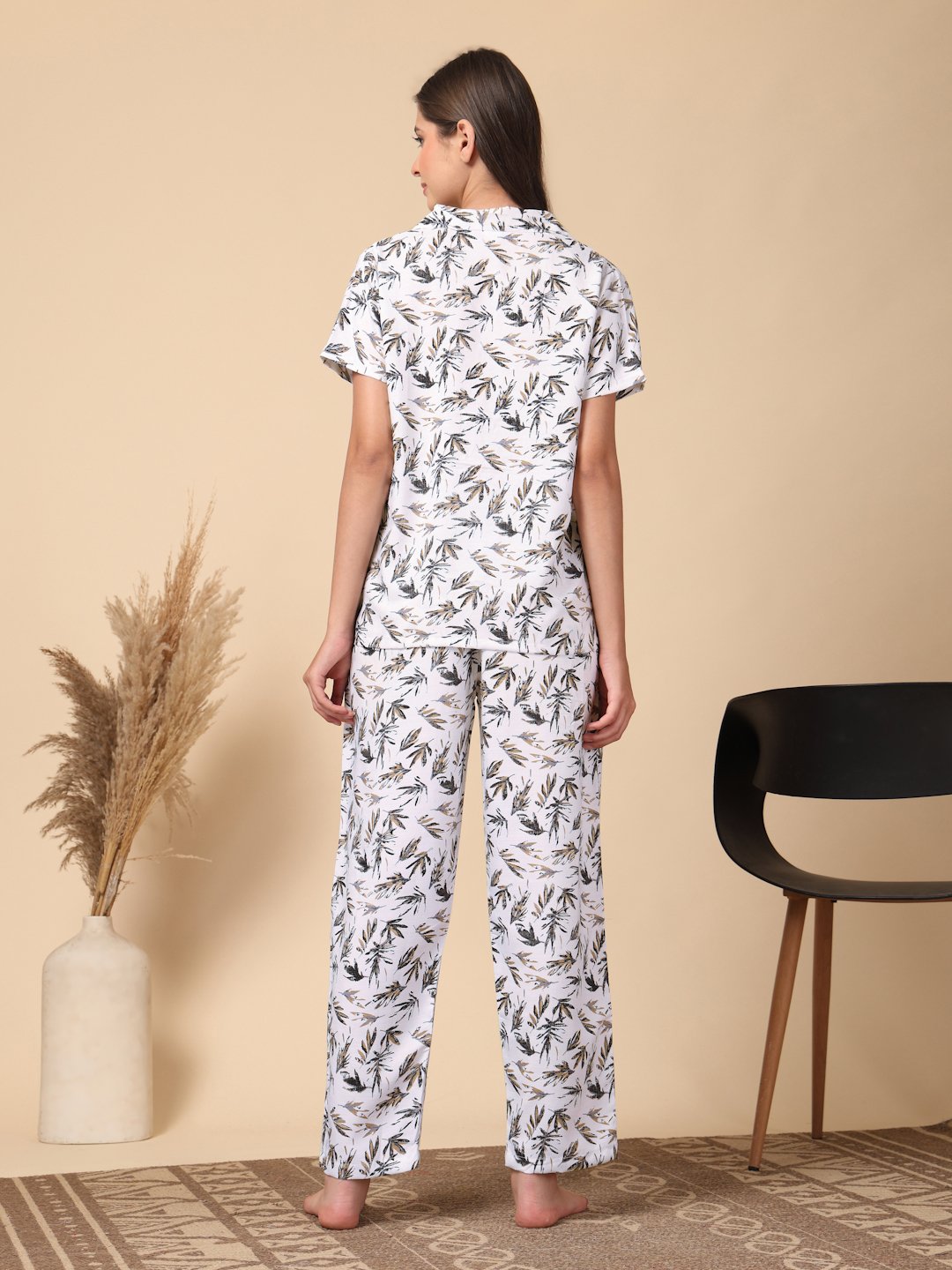 White Floral Cotton Blend Women Night Suit