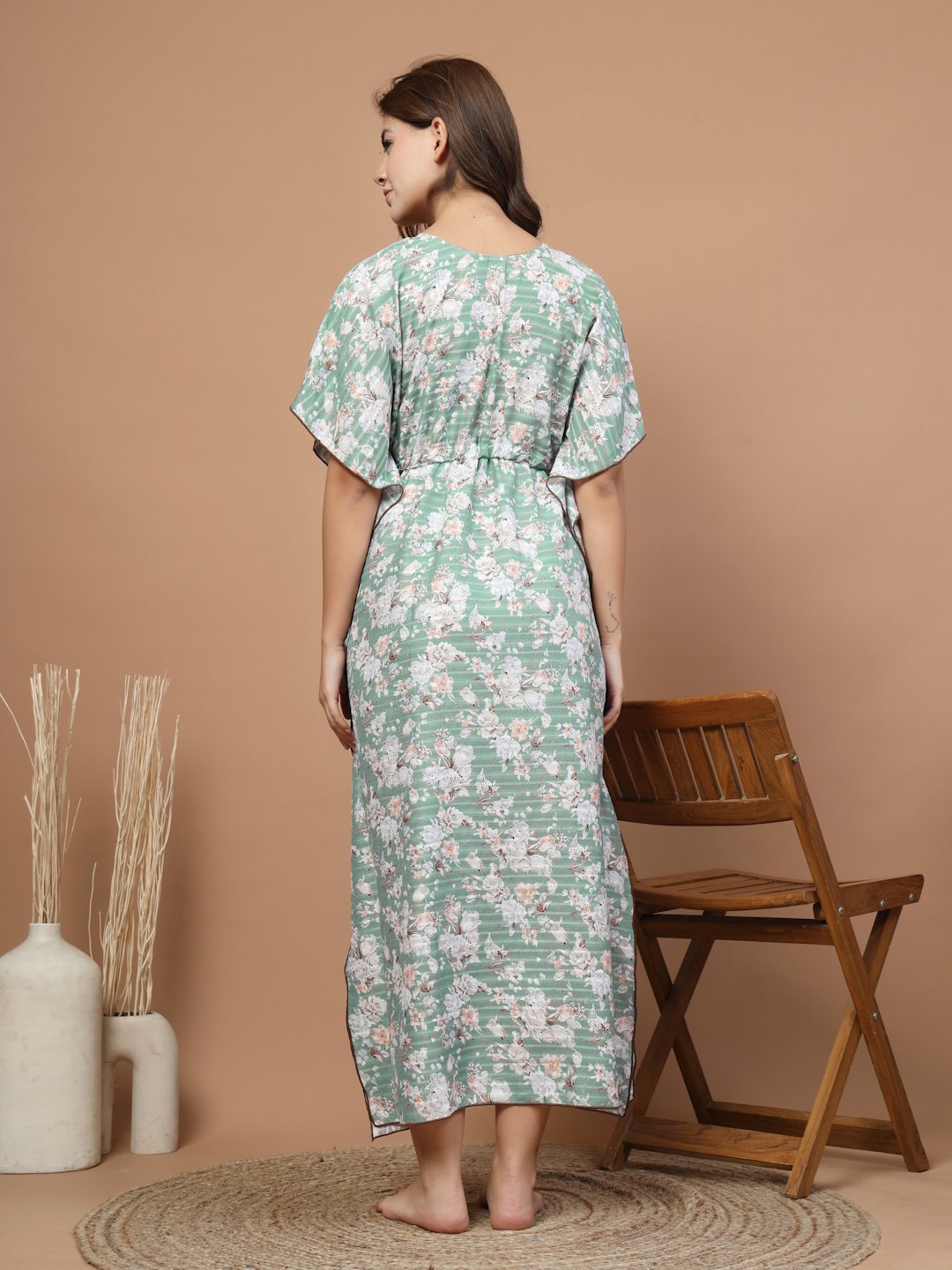 Green Floral Cotton Blend Kaftan Maxi Nightdress