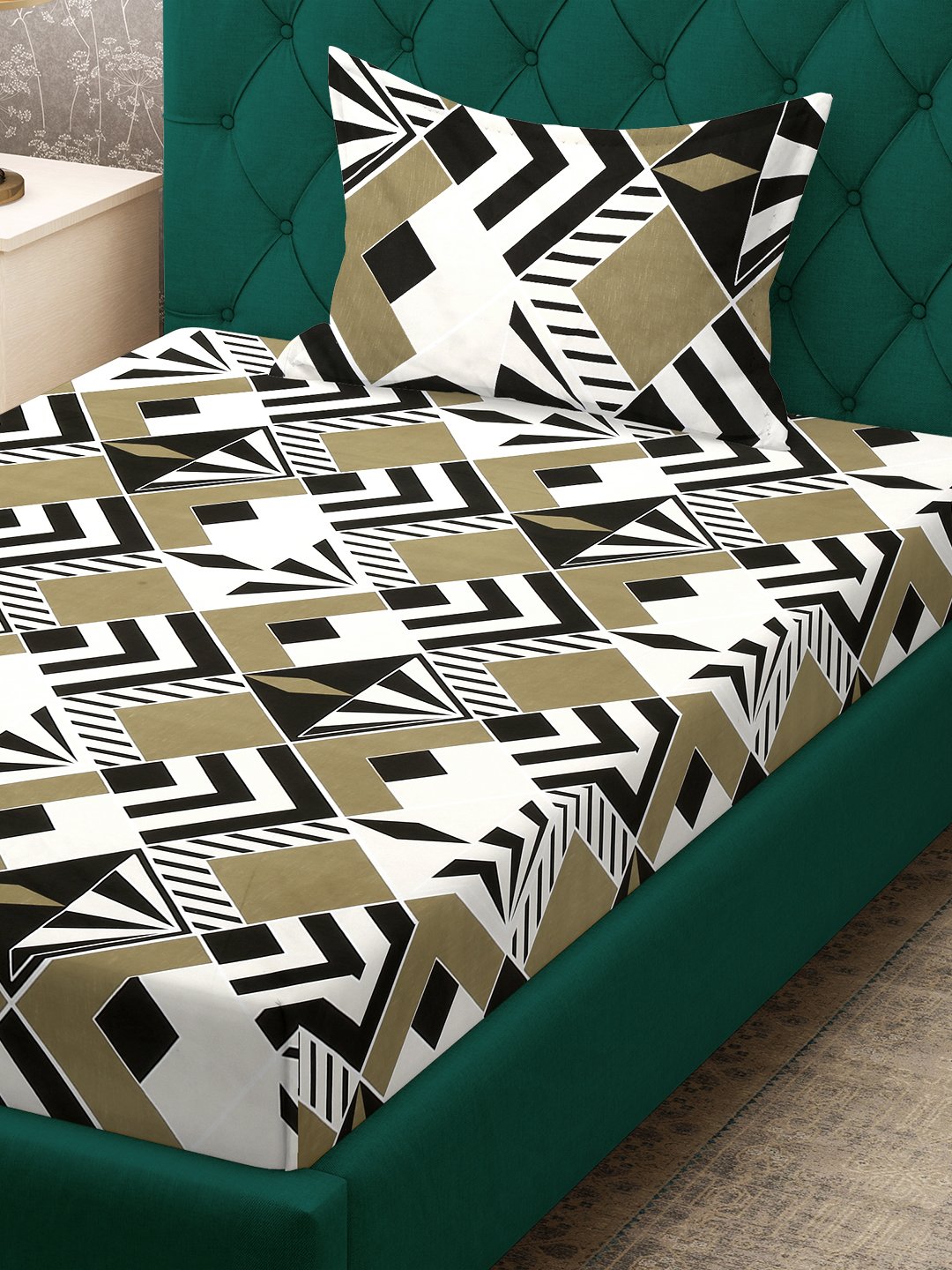 Multi Geometric 300 TC Cotton Blend Fitted Single Bedsheet with Pillow Cover