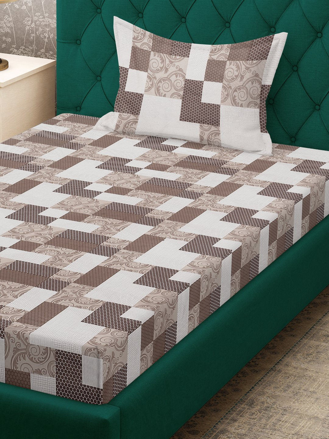 Brown Geometric 400 TC Pure Cotton Fitted Single Bedsheet with Pillow Cover