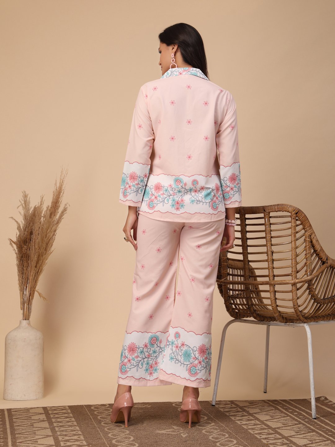 Pink Cotton Printed Shirt With Trousers Co-Ords Set