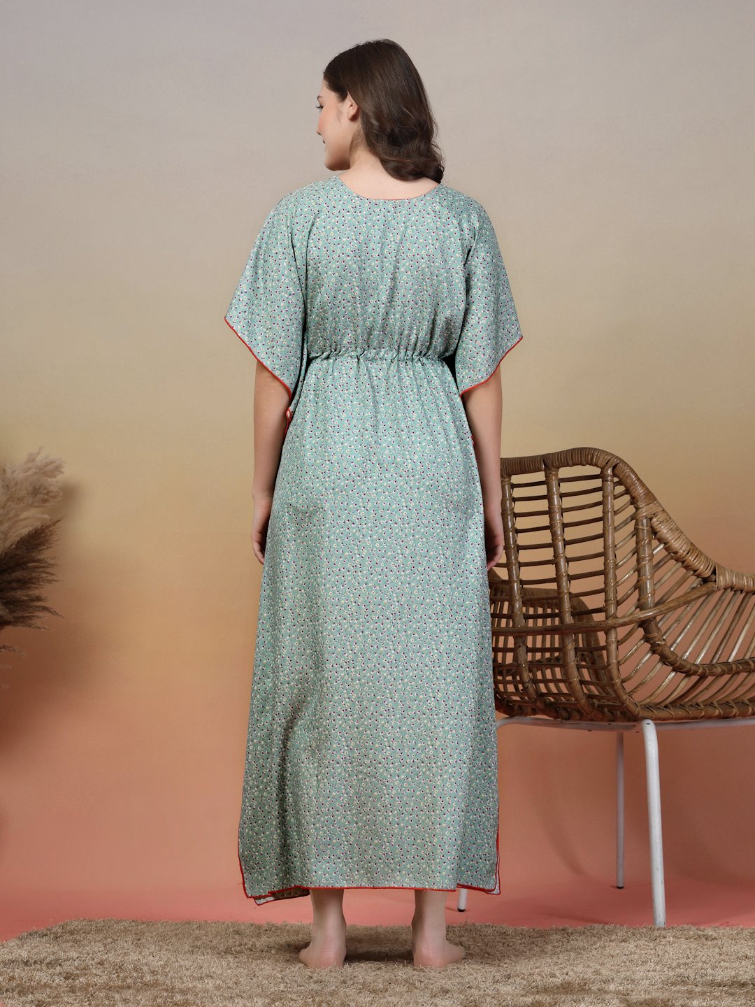 Green Floral Cotton Blend Kaftan Maxi Nightdress