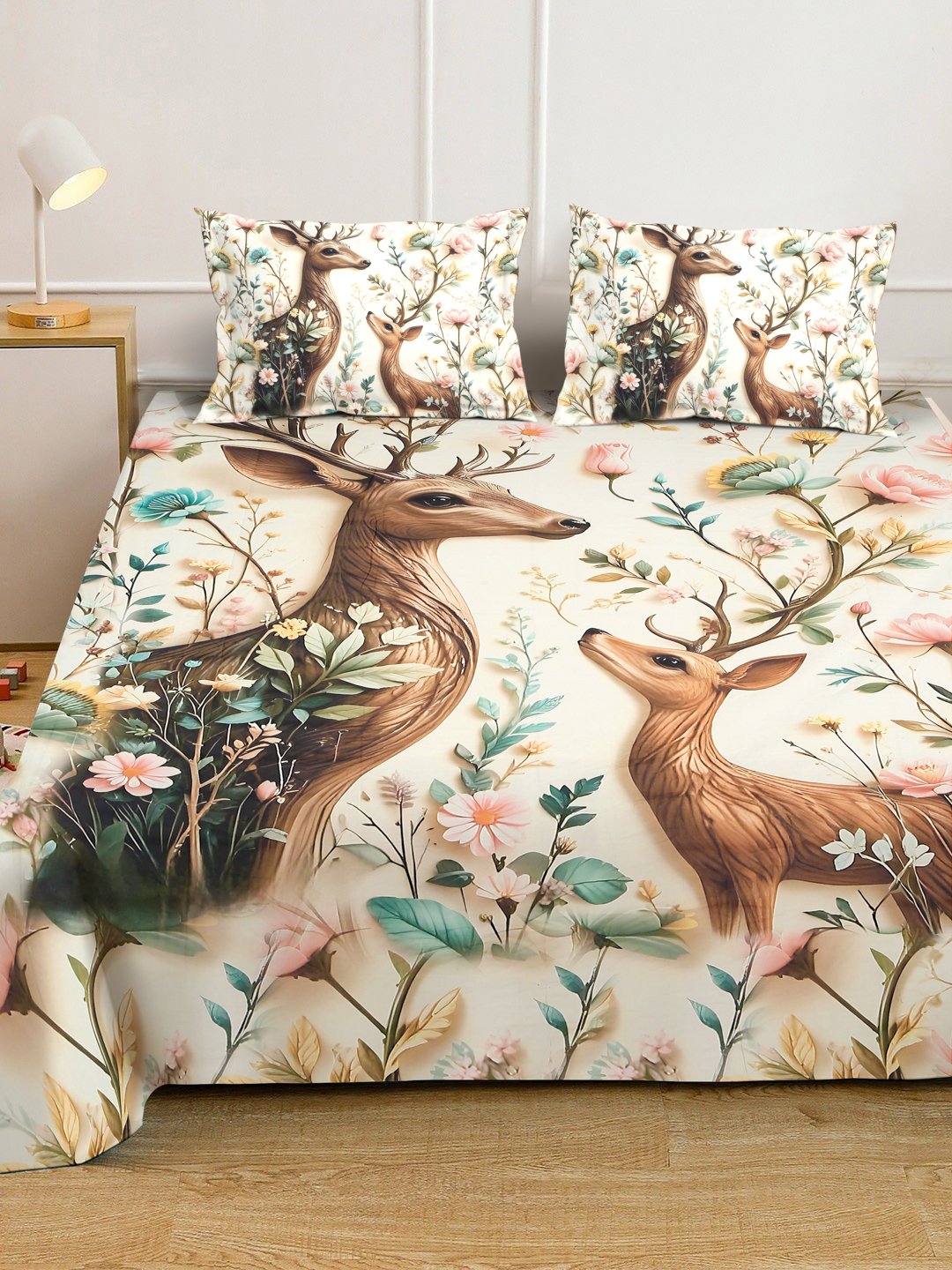 Cream 7D Animal Printed Fitted Cotton Blend Double Bedsheet with 2 Pillow Covers