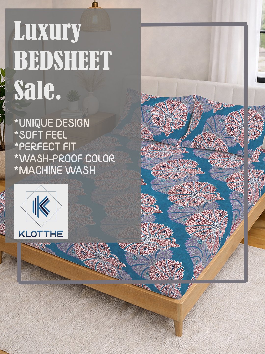 Blue Ethnic Motifs Fitted Fitted Cotton Blend Double Bedsheet with 2 Pillow Covers