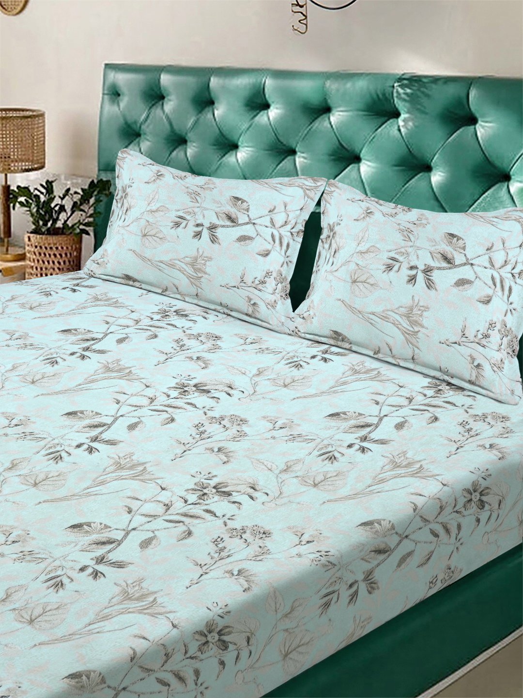 Green Floral 300 TC Cotton Blend Double Bedsheet with 2 Pillow Covers