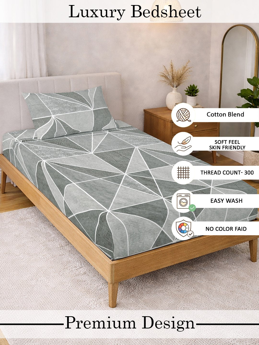 Grey Geometric Cotton Blend Single Bedsheet with Pillow Cover