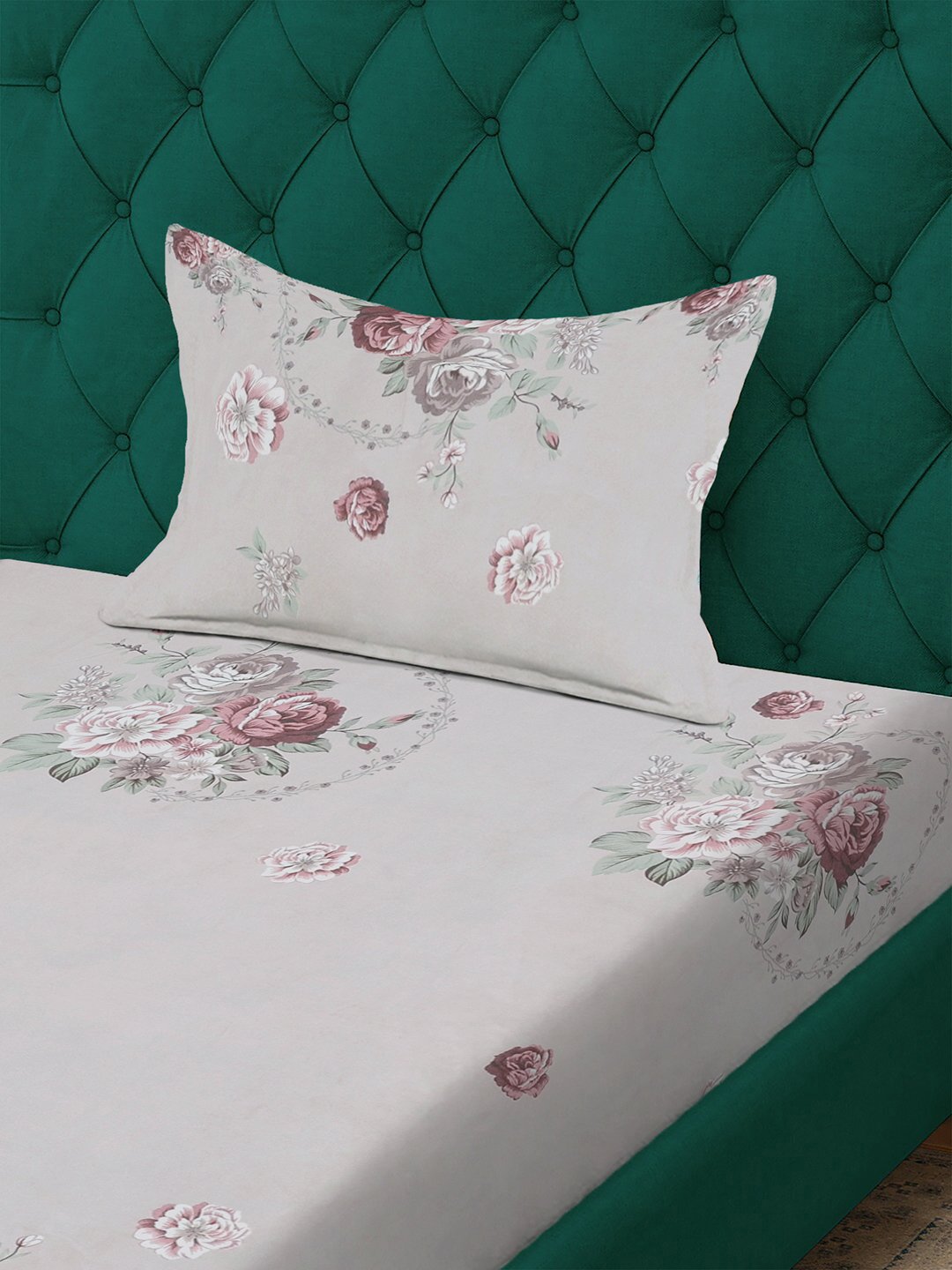 Multi Floral 300 TC Cotton Blend Fitted Single Bedsheet with Pillow Cover
