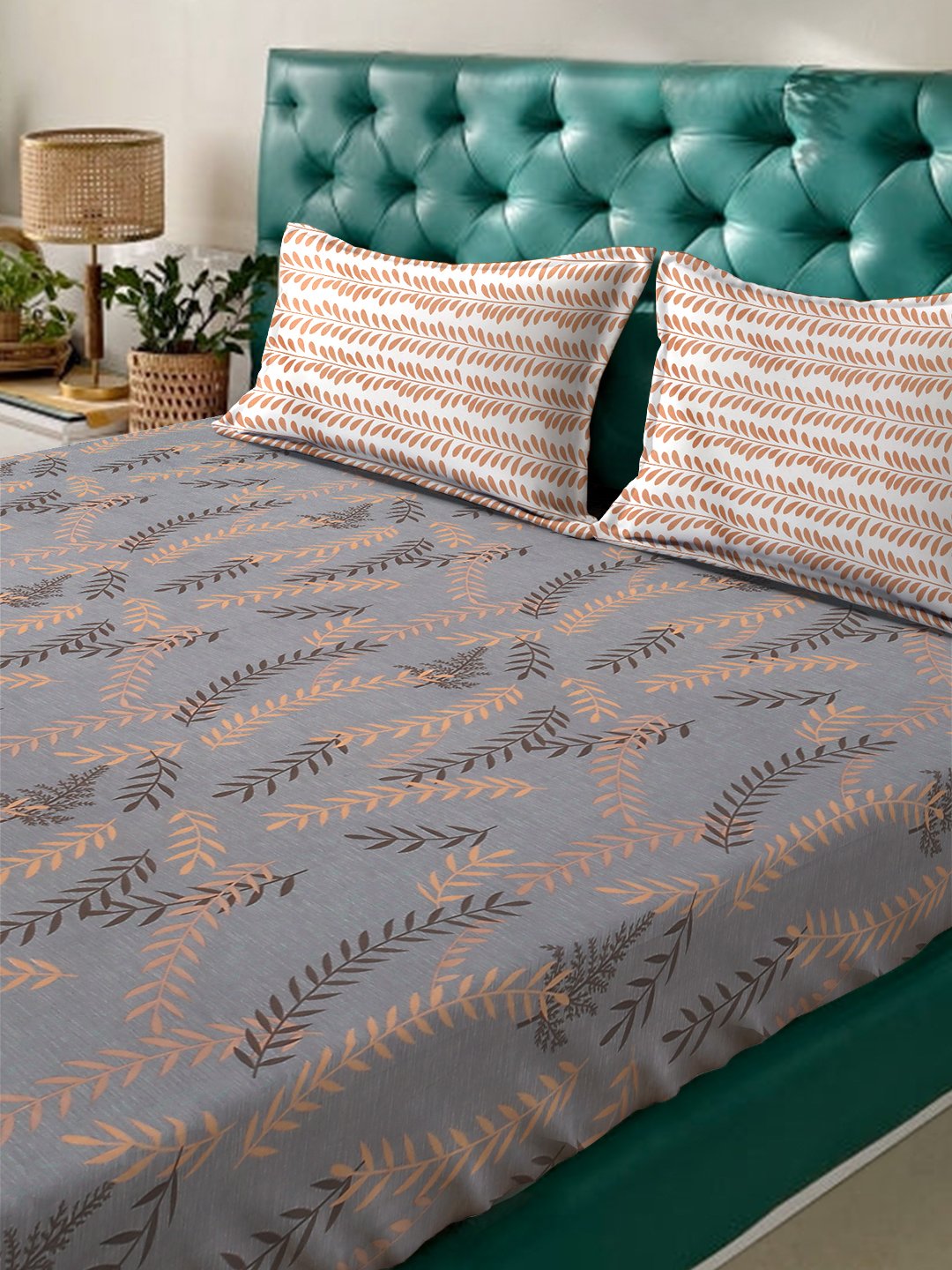 Grey Floral 300 TC Cotton Blend Double Bedsheet in Book Fold Packing