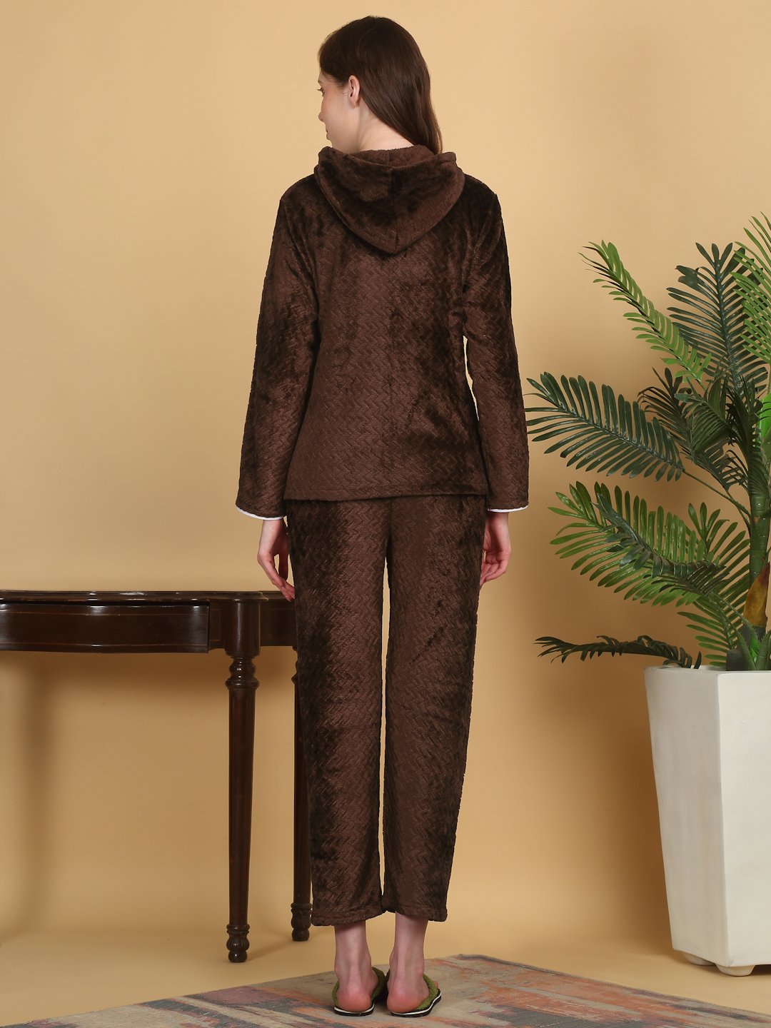 Women Dark Brown Solid Hooded Woolen Night Suit