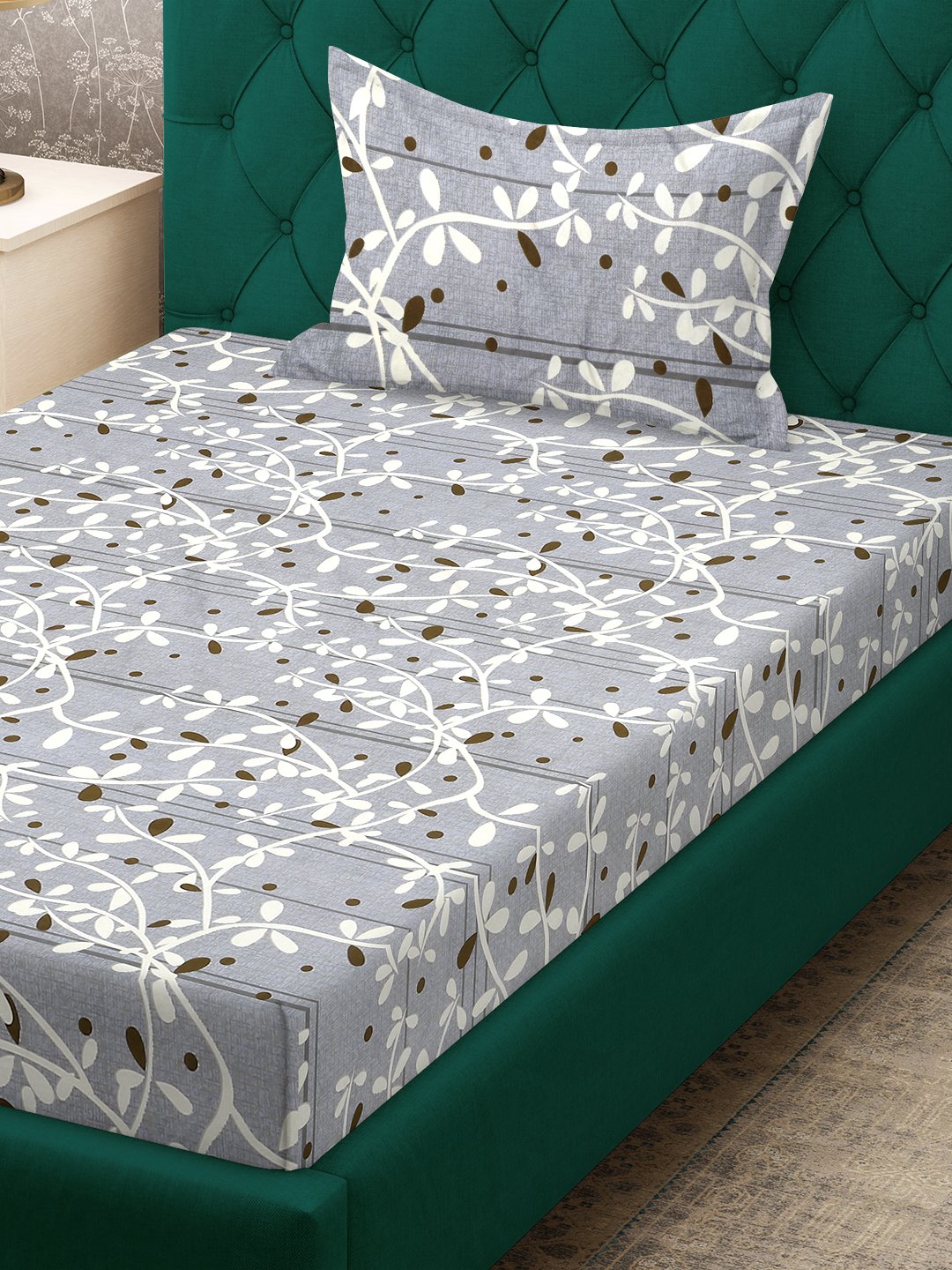 Grey Floral 300 TC Cotton Blend Fitted Single Bedsheet in Book Fold Packing