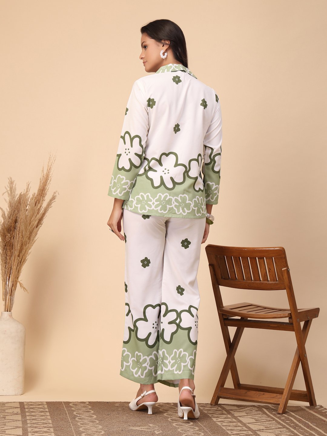 Cream Cotton Printed Shirt With Trousers Co-Ords Set