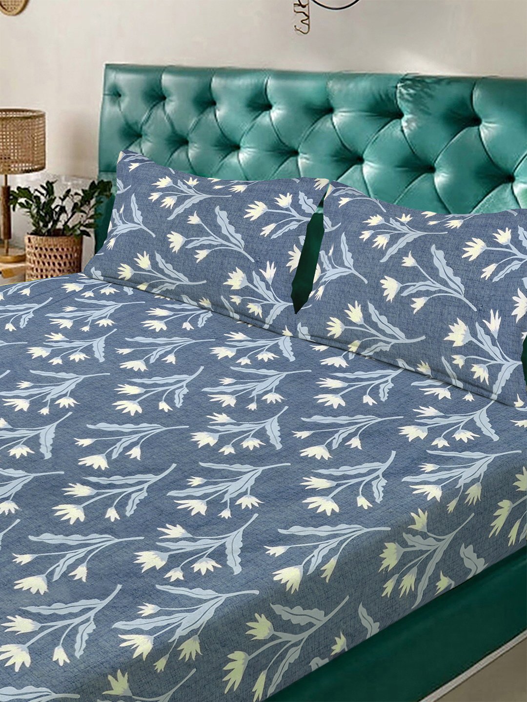 Blue Floral 300 TC Cotton Blend Double Bedsheet with 2 Pillow Covers