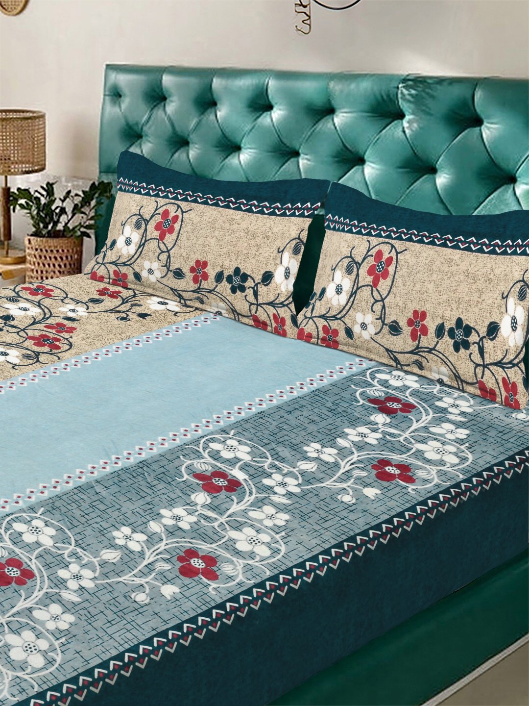 Multi Floral Woolen Double Bedsheet with 2 Pillow Covers