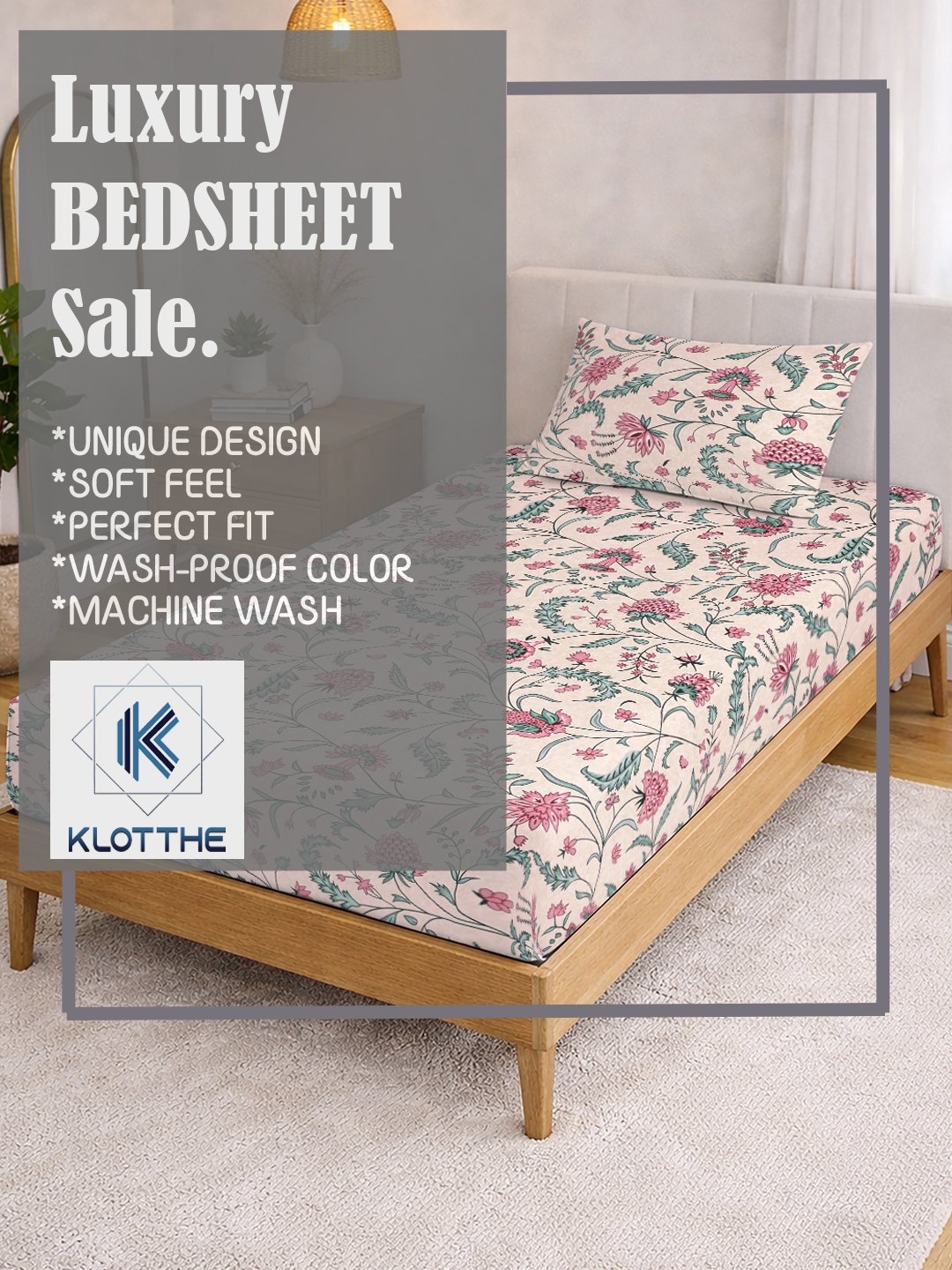 Beige Floral Cotton Blend Fitted Single Bedsheet with Pillow Cover