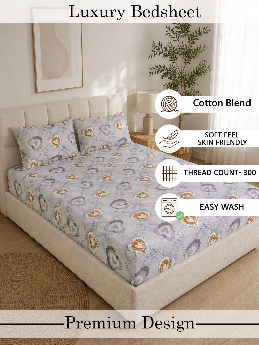 Beige Floral Cotton Blend Fitted Double Bedsheet with 2 Pillow Covers