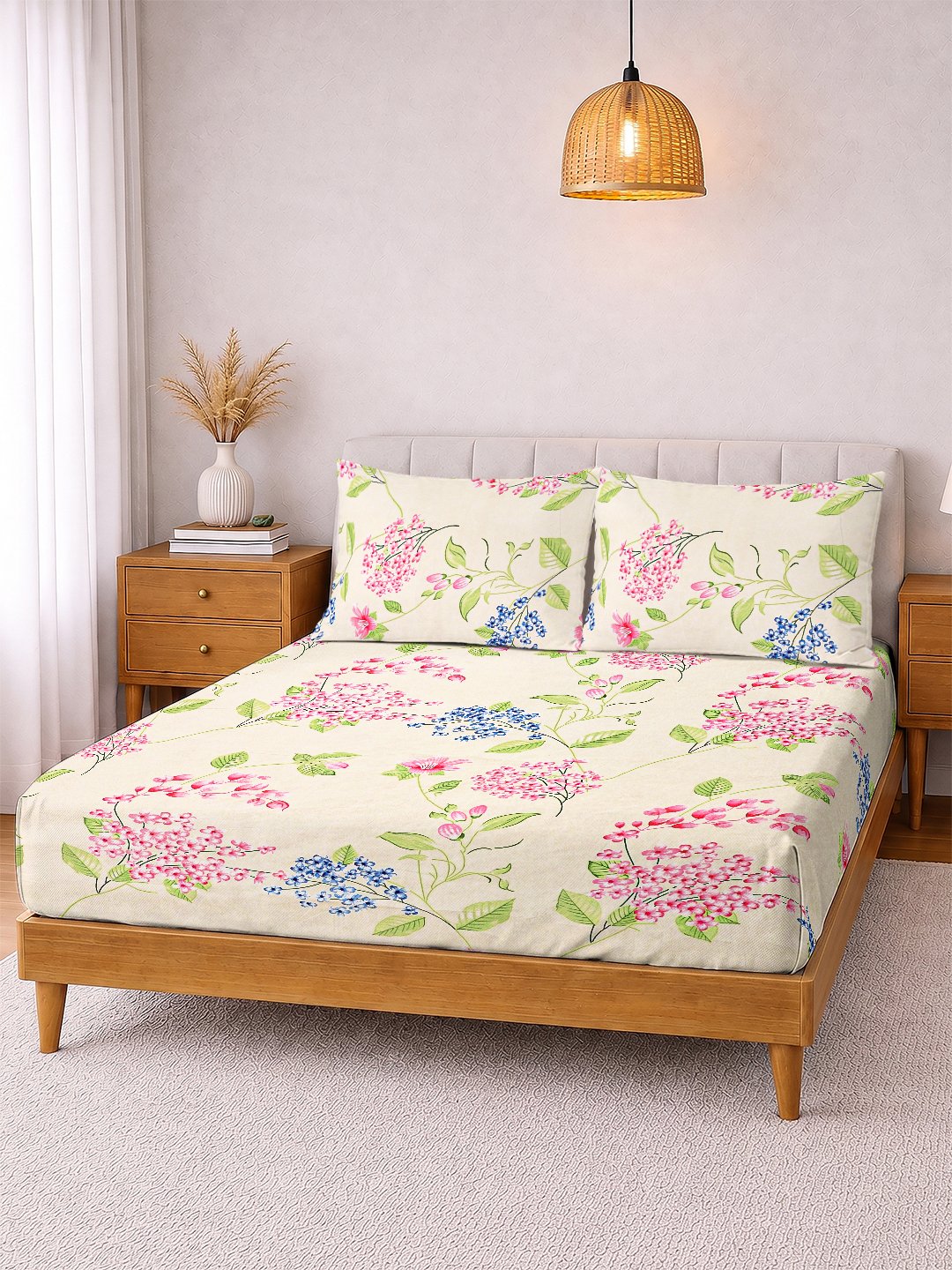 Cream Floral Cotton Blend Double Bedsheet with 2 Pillow Covers