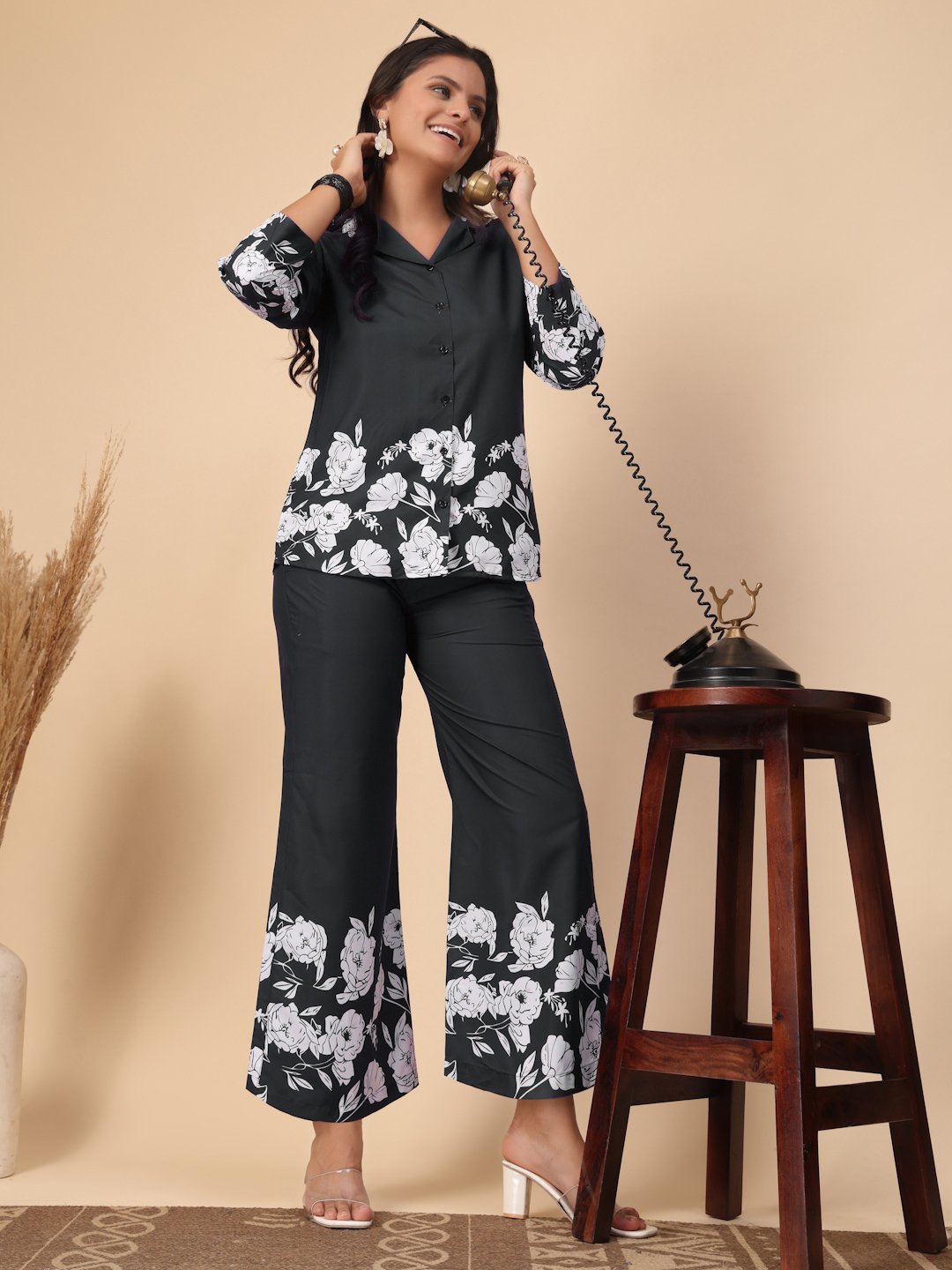 Black Cotton Printed Shirt With Trousers Co-Ords Set