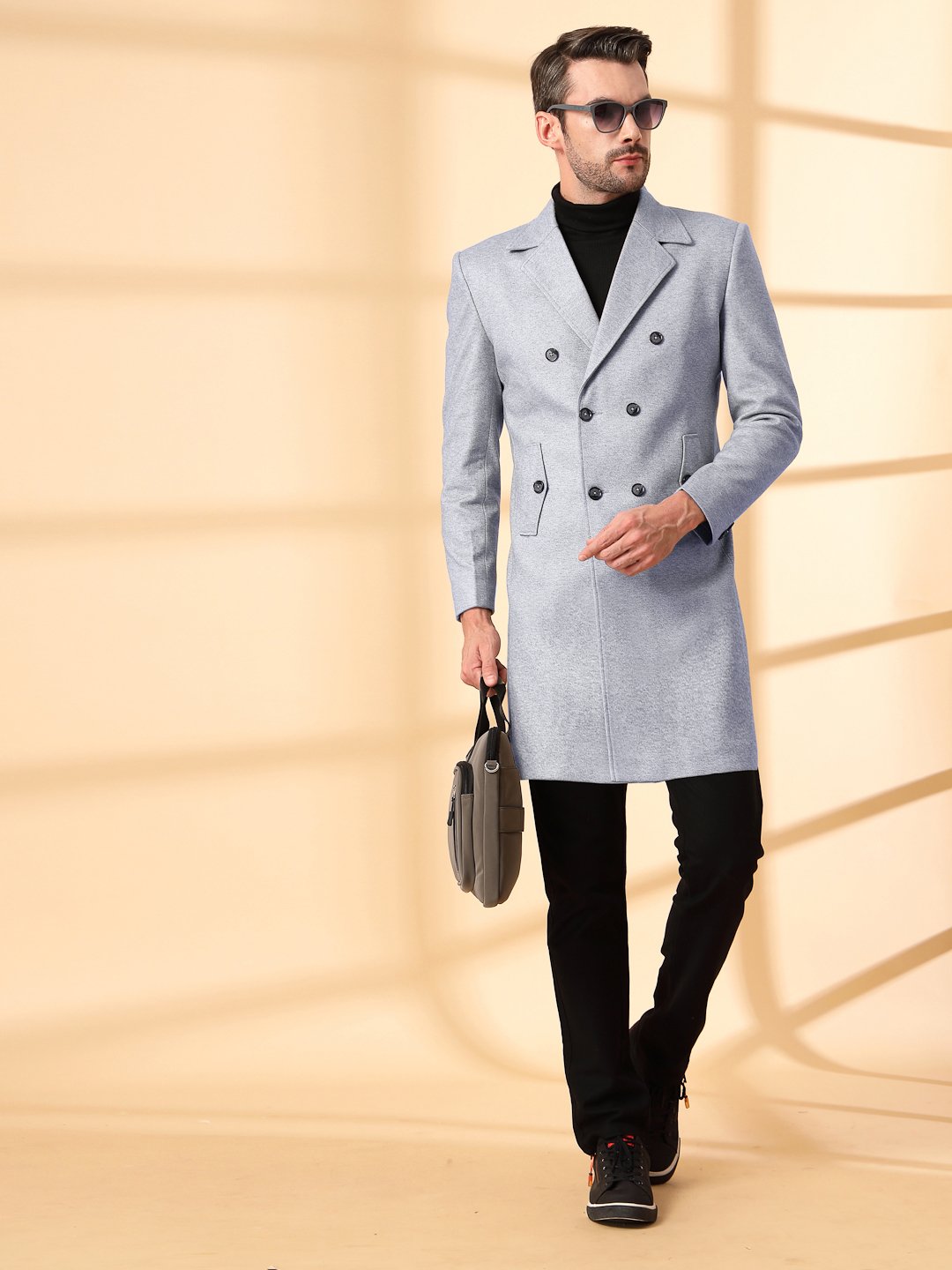 Grey Long Sleeve Double-Breasted Woolen Coat
