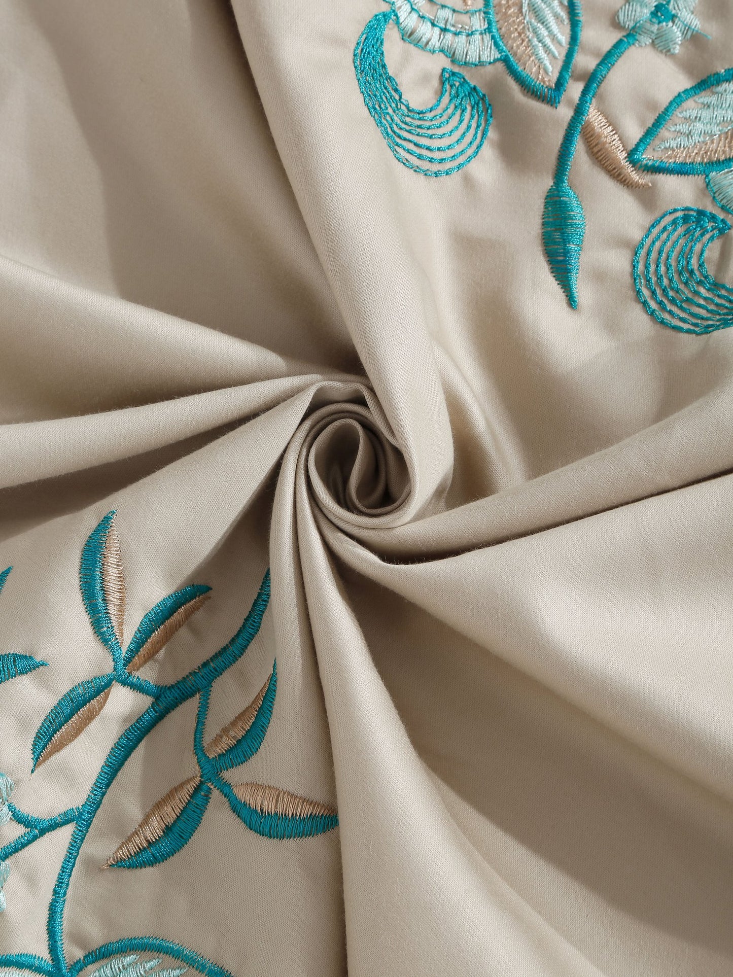 Beige Floral Embroidered 400 TC Cotton Fitted Double Bedsheet with 4 Pillow Covers & 2 Cushion Covers