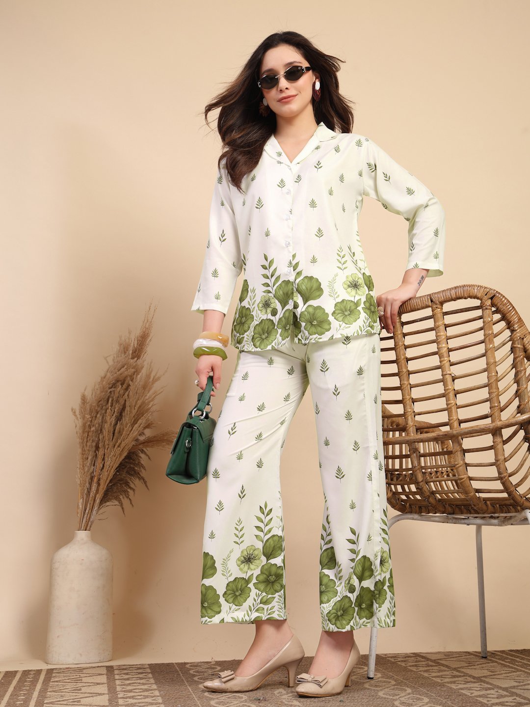 Cream Cotton Printed Shirt With Trousers Co-Ords Set