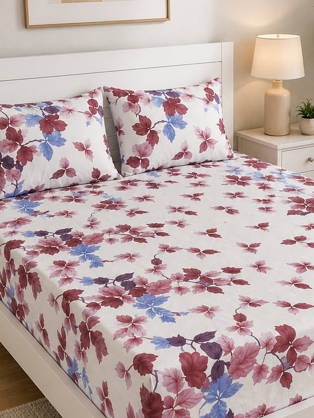 Cream Floral Cotton Blend Double Bedsheet with 2 Pillow Covers