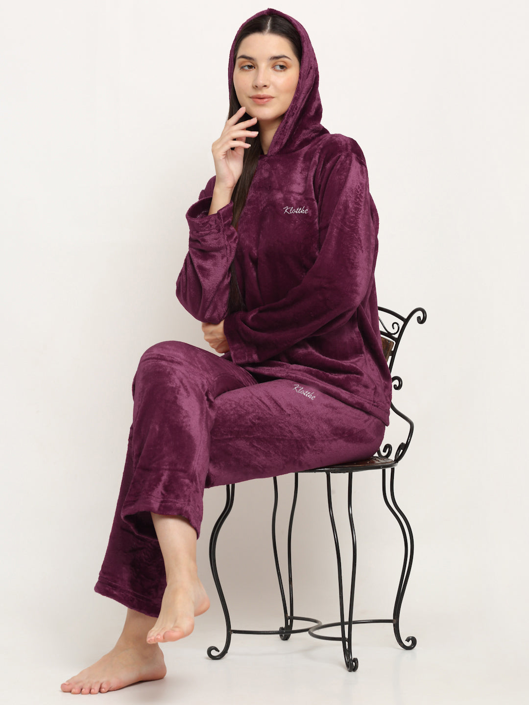 Woolen Fleece Winter Warm Hooded Night Suit for Women by KLOTTHE®
