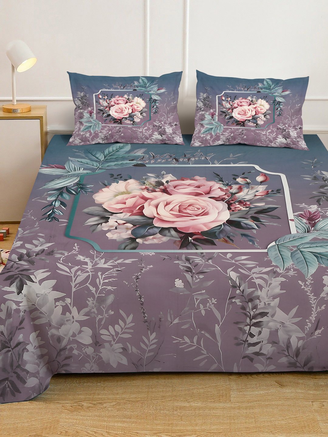 Purple Digital Floral Printed Cotton Blend Fitted Double Bedsheet with 2 Pillow Covers