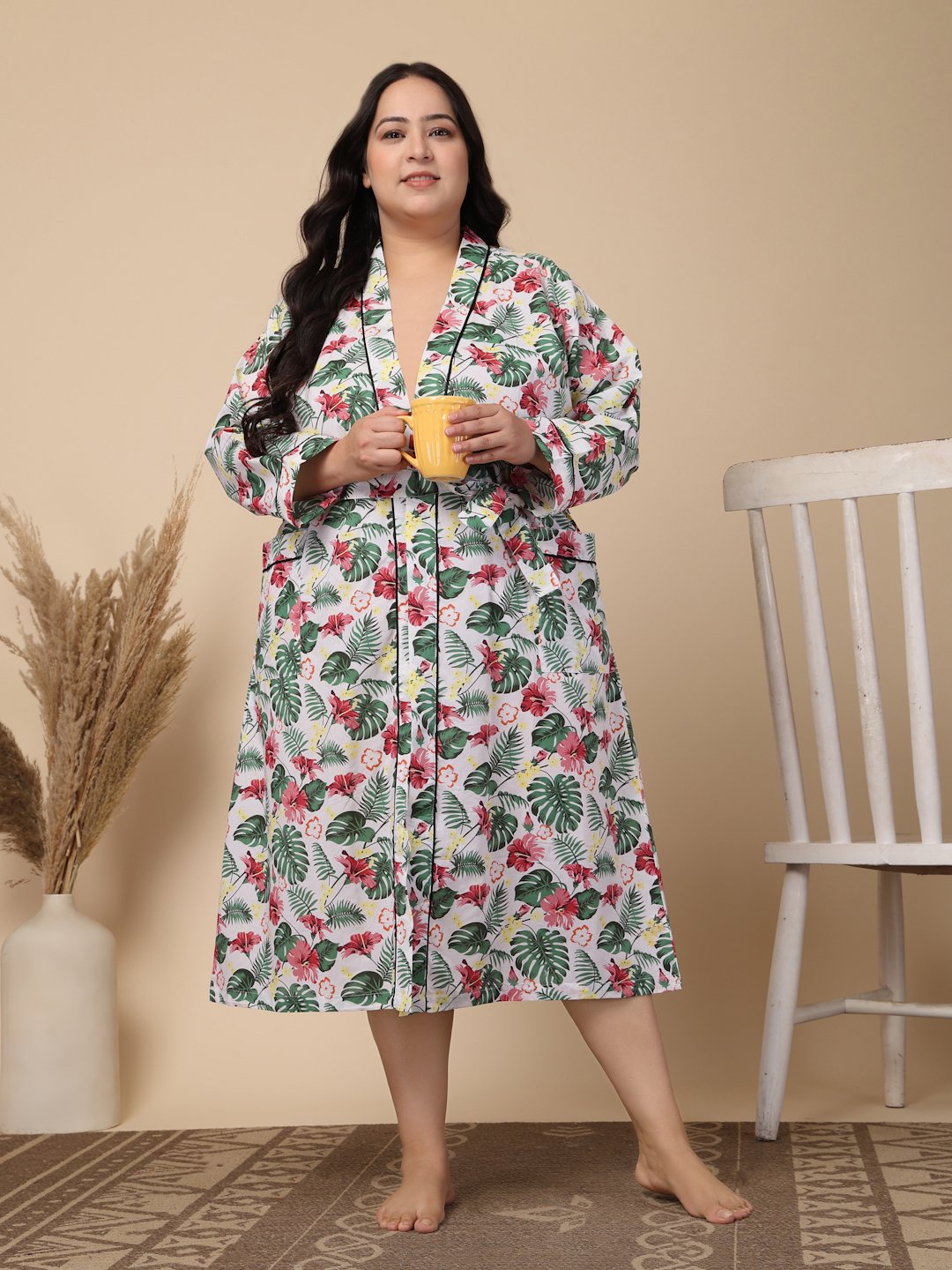 Women Printed White Floral Plus Size Pure Cotton Bath Robe With Belt