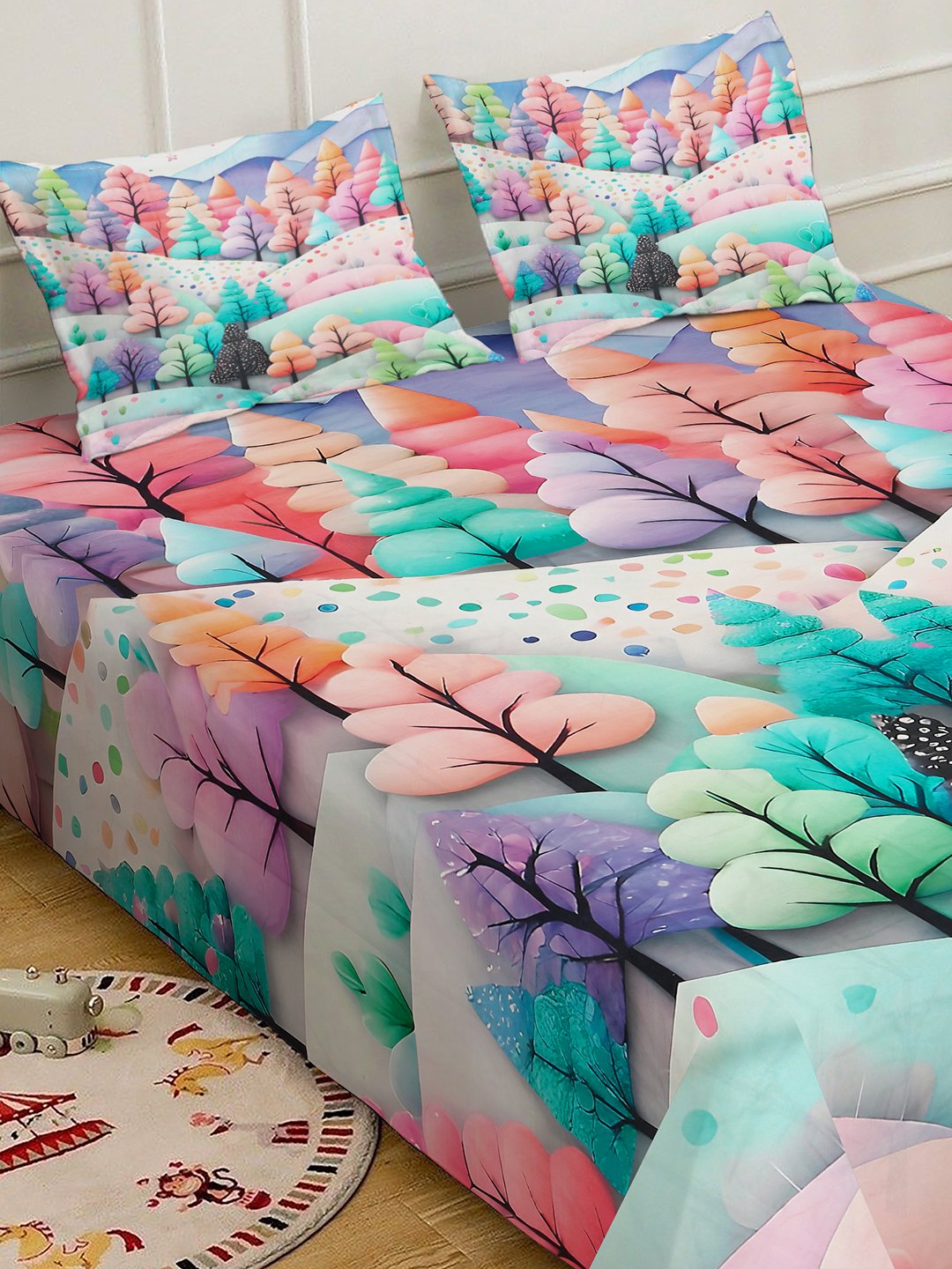 Multi 7D Floral Printed Fitted Cotton Blend Double Bedsheet with 2 Pillow Covers