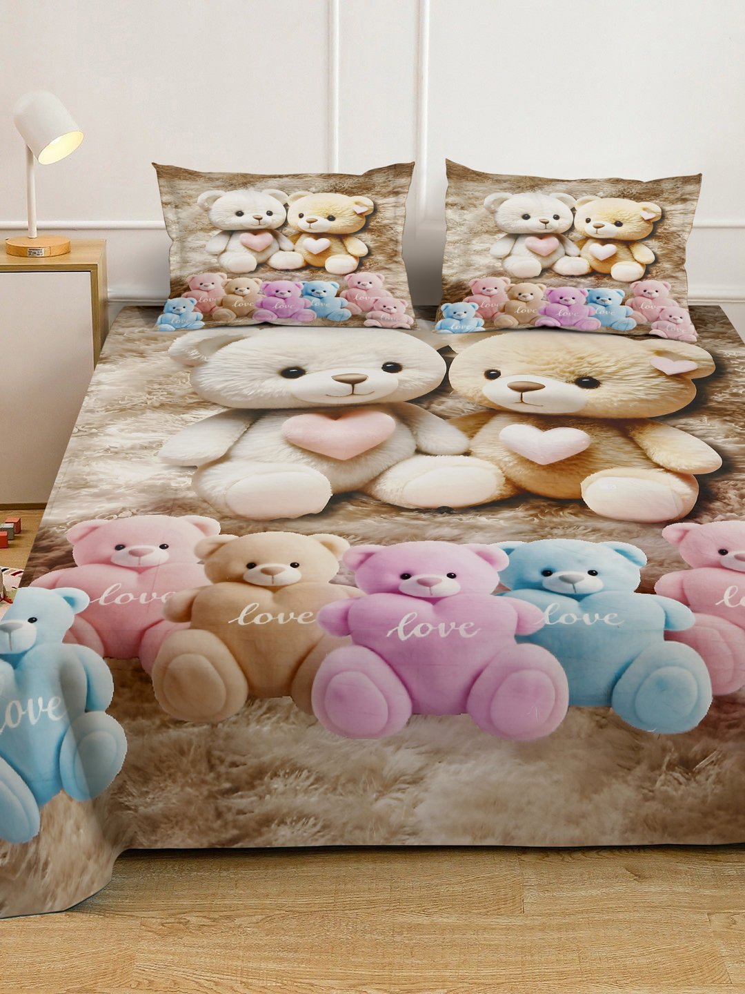 Multi Digital Cartoon Characters Printed Cotton Blend Fitted Double Bedsheet with 2 Pillow Covers