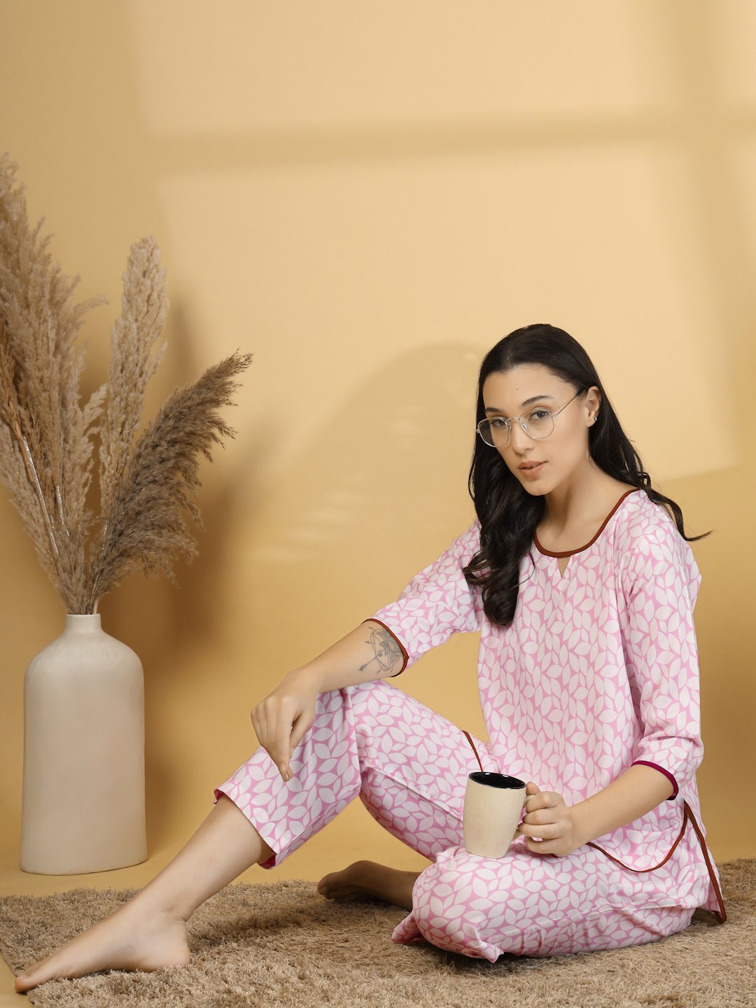 Women Pink Floral Cotton Blend Night Suit