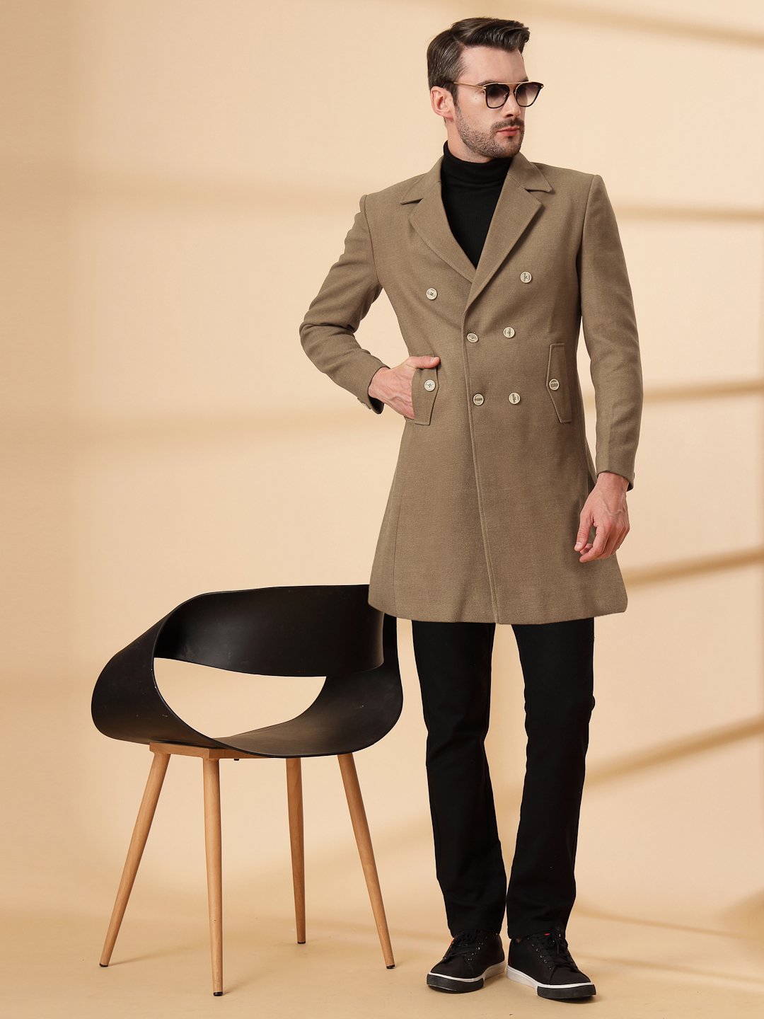 Brown Long Sleeve Double-Breasted Woolen Coat