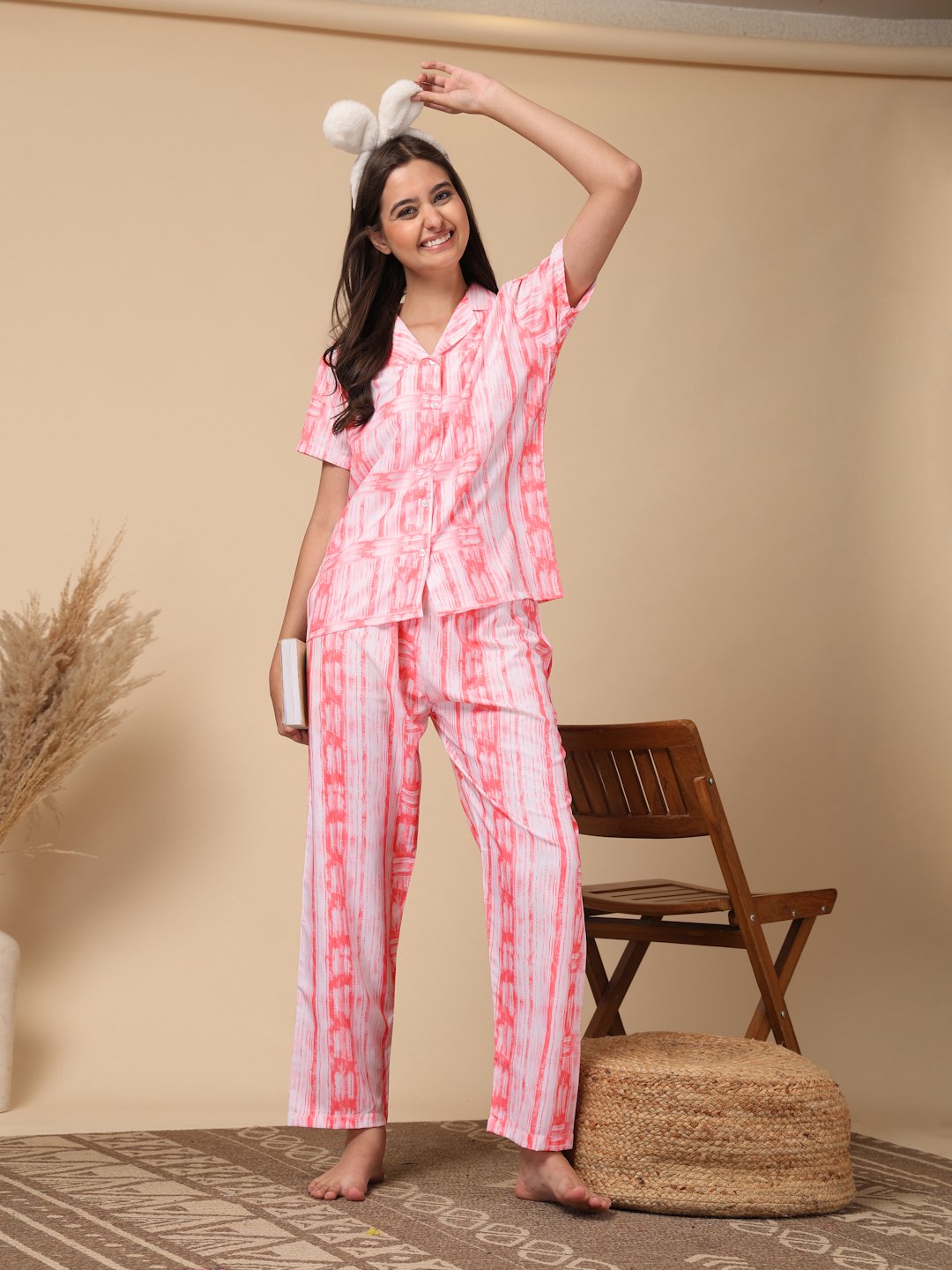 Red Striped Cotton Blend Women Night Suit