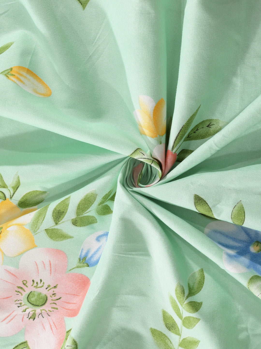 Klotthe Green Floral 300 TC Cotton Blend Fitted Single Bedsheet with Pillow Cover